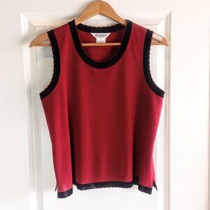 Vintage Misook Petite Red Black Scallop Trim Sleeveless Knit Top